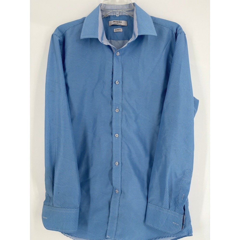MONZA BY ROSSO MILANO Men's Tailored Fit Blue‎ Dot Print Dress Shirt  M 15 1/2